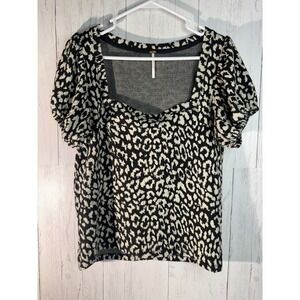 Free People Leopard Print Square Neck Puff Sleeve Top Large